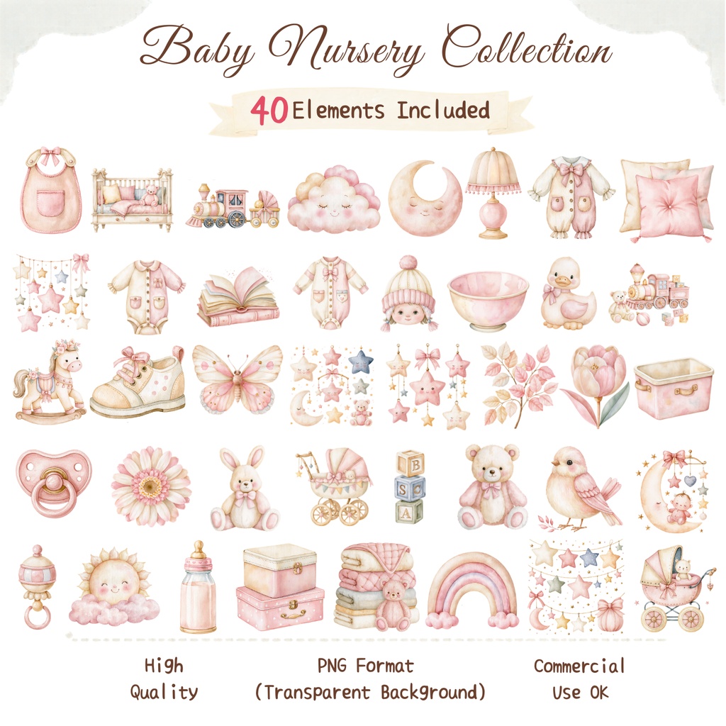 Baby Nursery Watercolor Clipart Bundle 40 PNG Elements