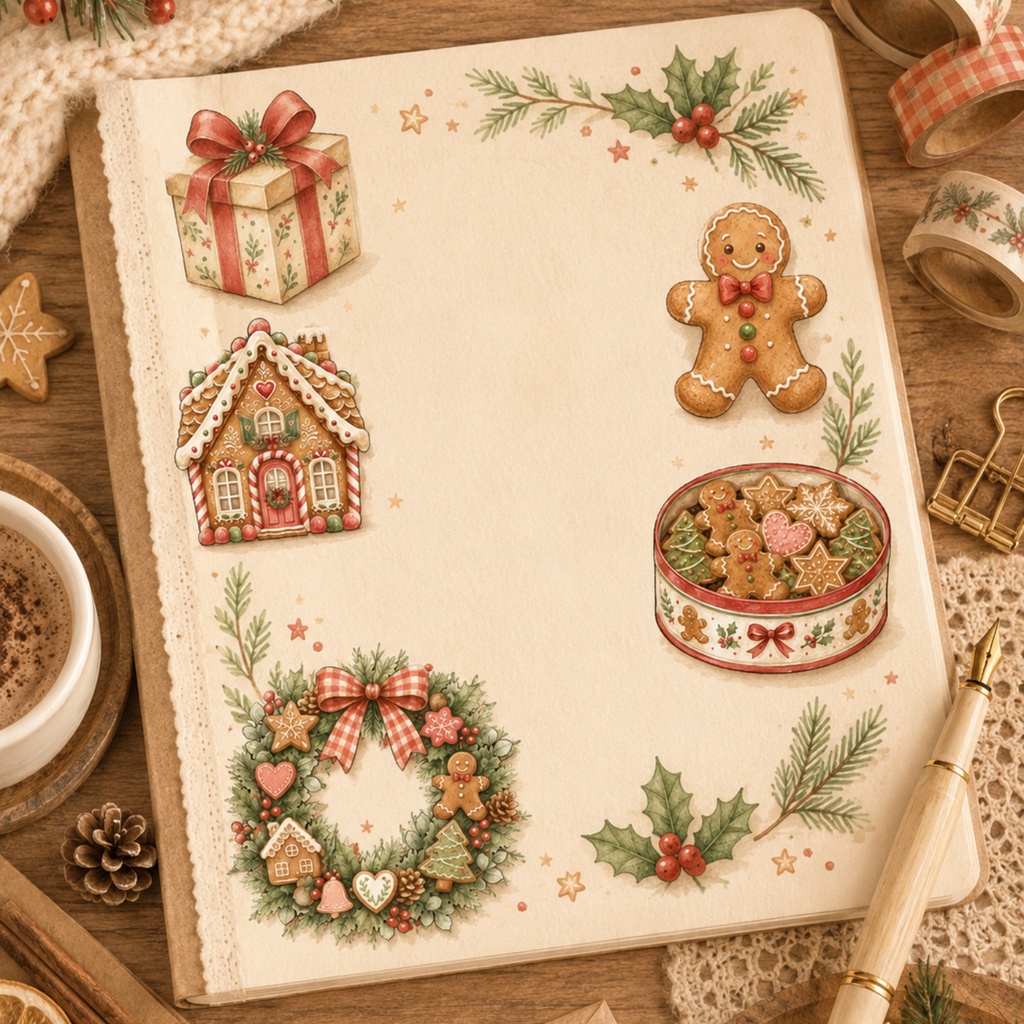クリスマスのジンジャーブレッド工房 水彩クリップアート40点|PNG・背景透過・商用利用可