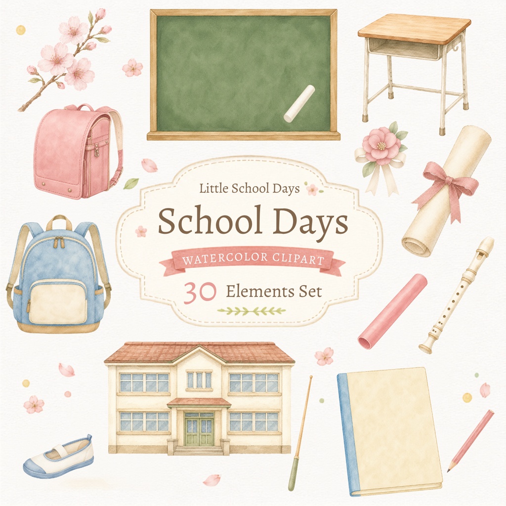 Little School Days｜学校の先生・学校生活 水彩クリップアート 30点セット
