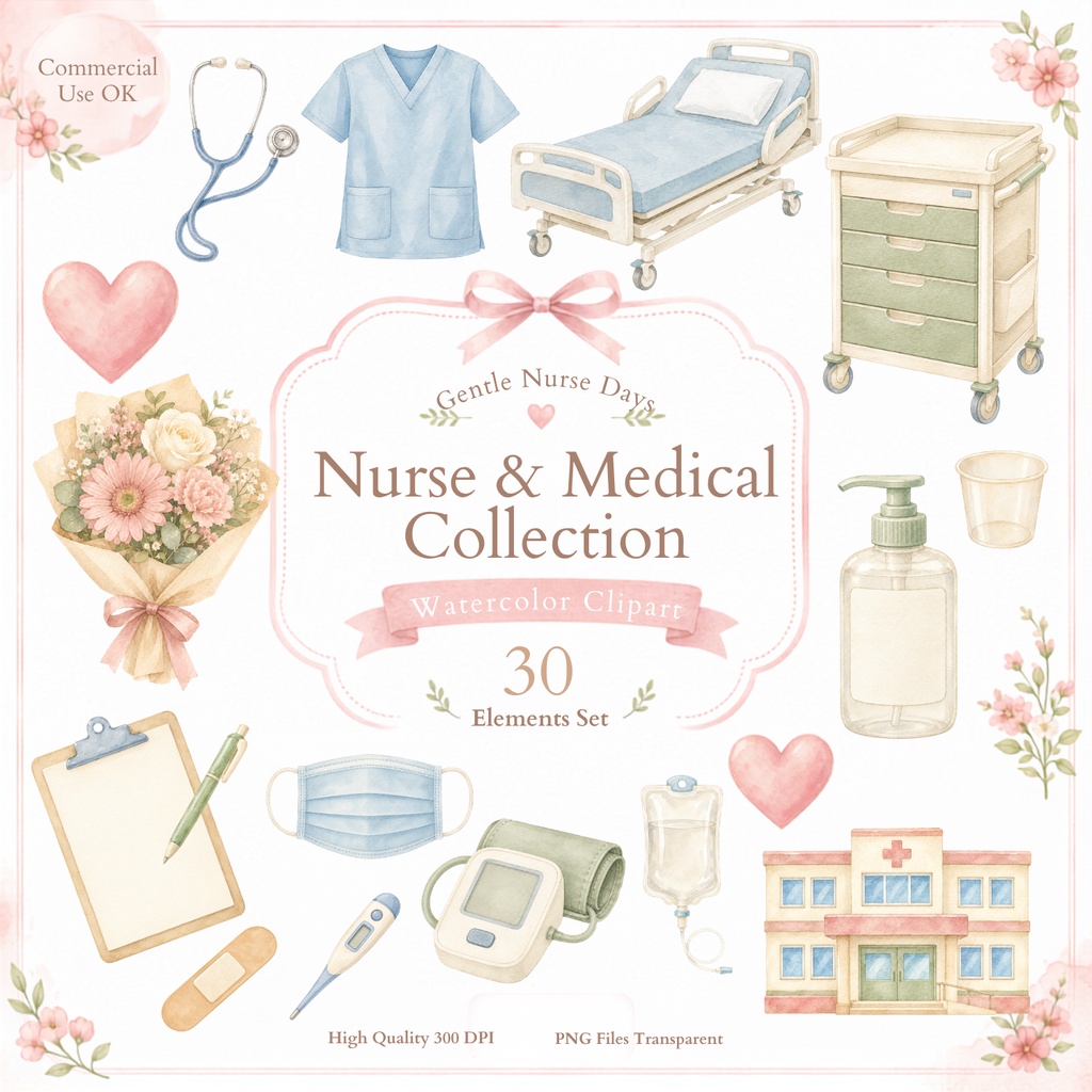 Gentle Nurse Days｜看護師・医療 水彩クリップアート 30点セット