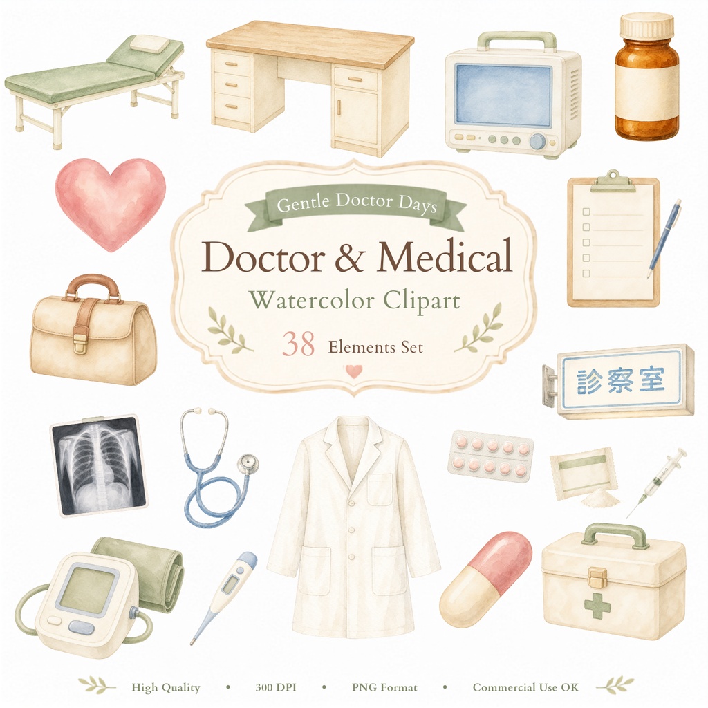 Gentle Doctor Days｜医師・診察・医療 水彩クリップアート 38点セット