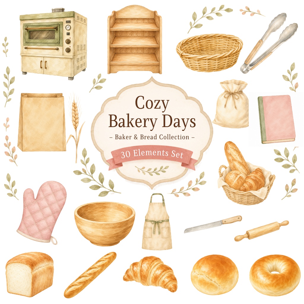 Cozy Bakery Days｜パン屋さん・パン職人 水彩クリップアート 30点セット