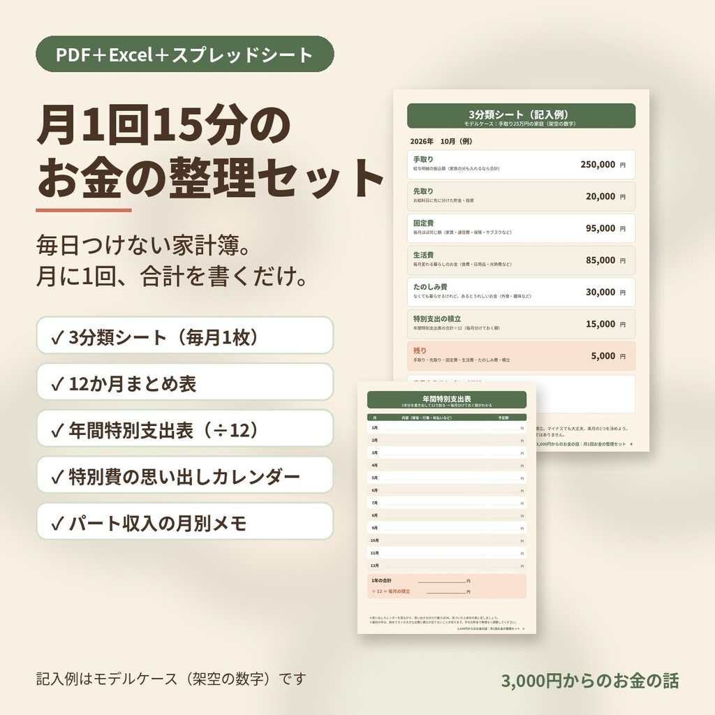 月1回15分のお金の整理セット｜3分類シート・年間特別支出表・パート収入メモ（PDF＋Excel＋スプレッドシート）