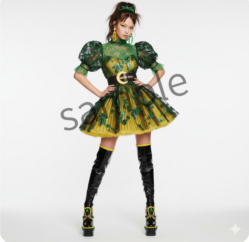 【AI生成】グリーンレース・パフスリーブミニドレス　​[AI-generated ] Green Lace Puff-Sleeve Mini Dress