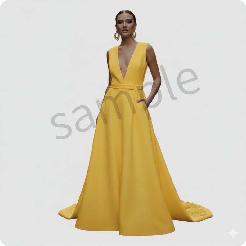 【AI生成】Vネック イエローロングドレス【AI-generatad】V-Neck Yellow Gown