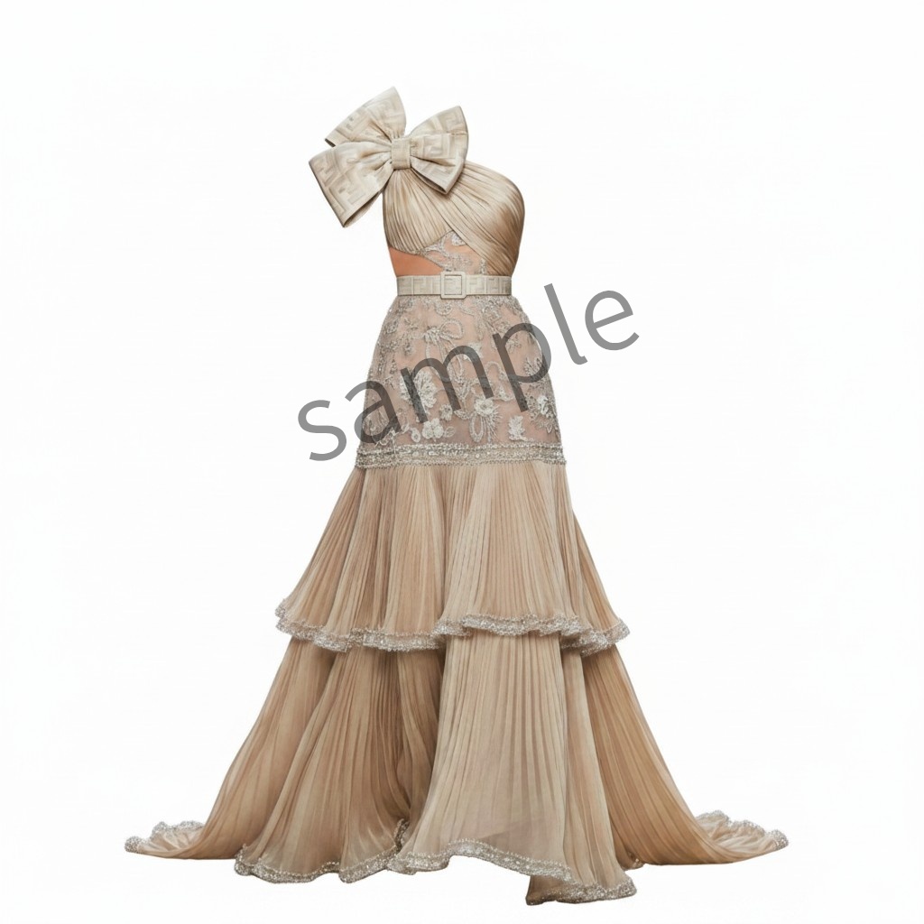 【AI生成】リボンと刺繍のティアードドレス【AI-generated】Tiered Dress with Bow and Embroidery