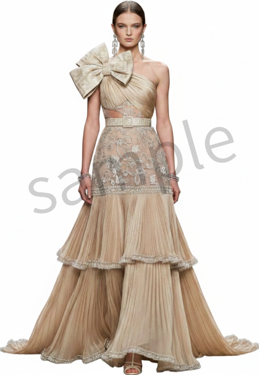 【AI生成】リボンと刺繍のティアードドレス【AI-generated】Tiered Dress with Bow and Embroidery