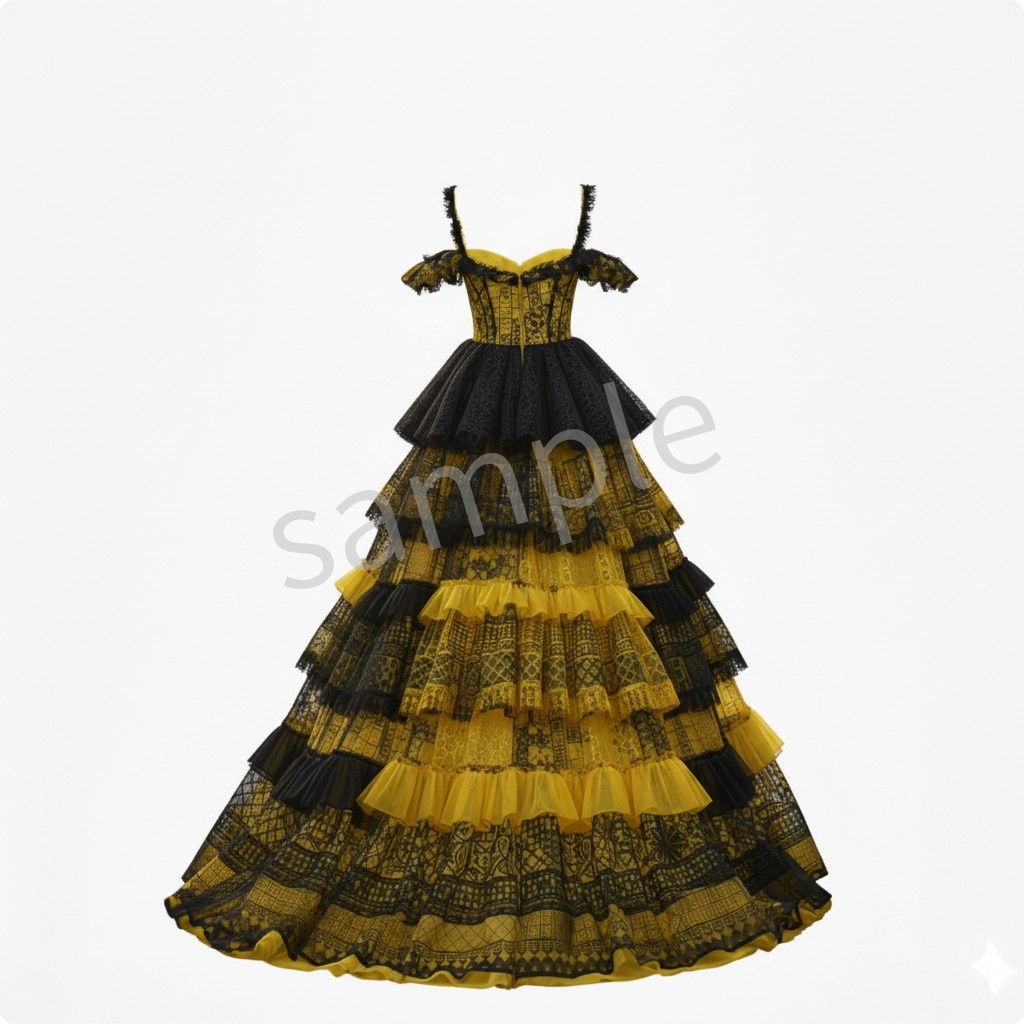 【AI生成】Black&Yellowレースドレス【AI-granted】Back&Yellow lace gown