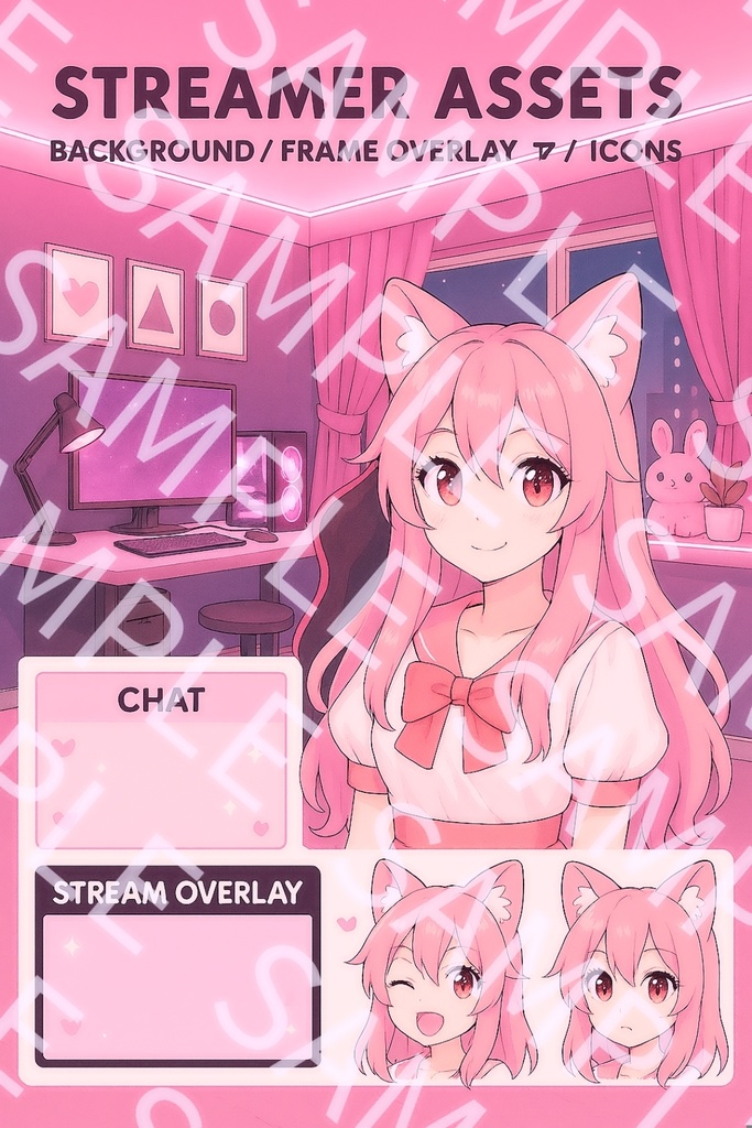 VTuber向け・かわいい配信素材セット(背景+チャット欄+アイコン)