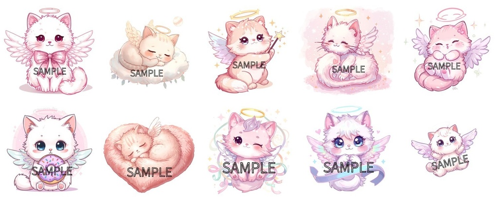 【商用利用可】ゆめかわいい天使の猫クリップアート10点セット(PNG背景透過)