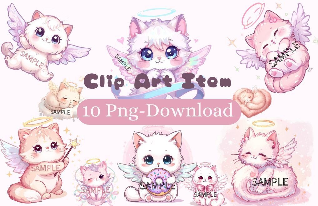 【商用利用可】ゆめかわいい天使の猫クリップアート10点セット(PNG背景透過)