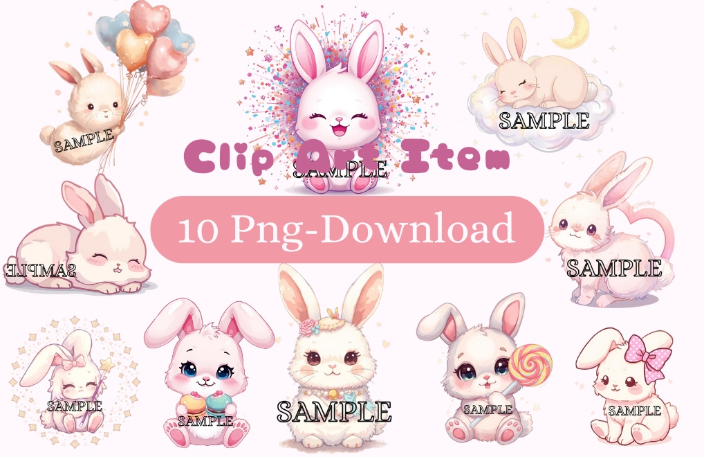 【商用利用可】ファンシーかわいいうさぎクリップアート10点セット（PNG背景透過）