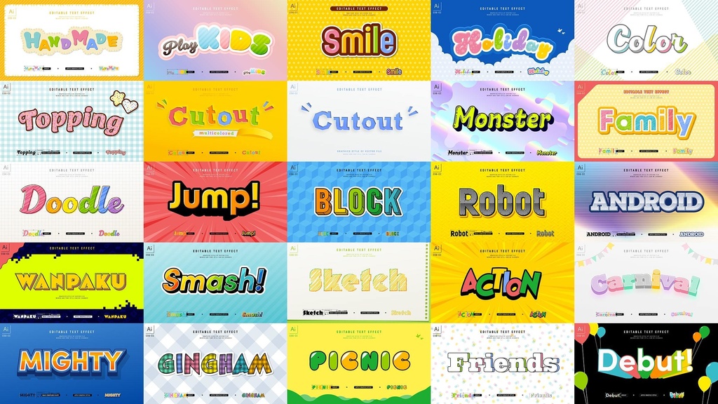 カラフル元気なキッズデザイングラフィックスタイル25セット / Adobe Illustrator