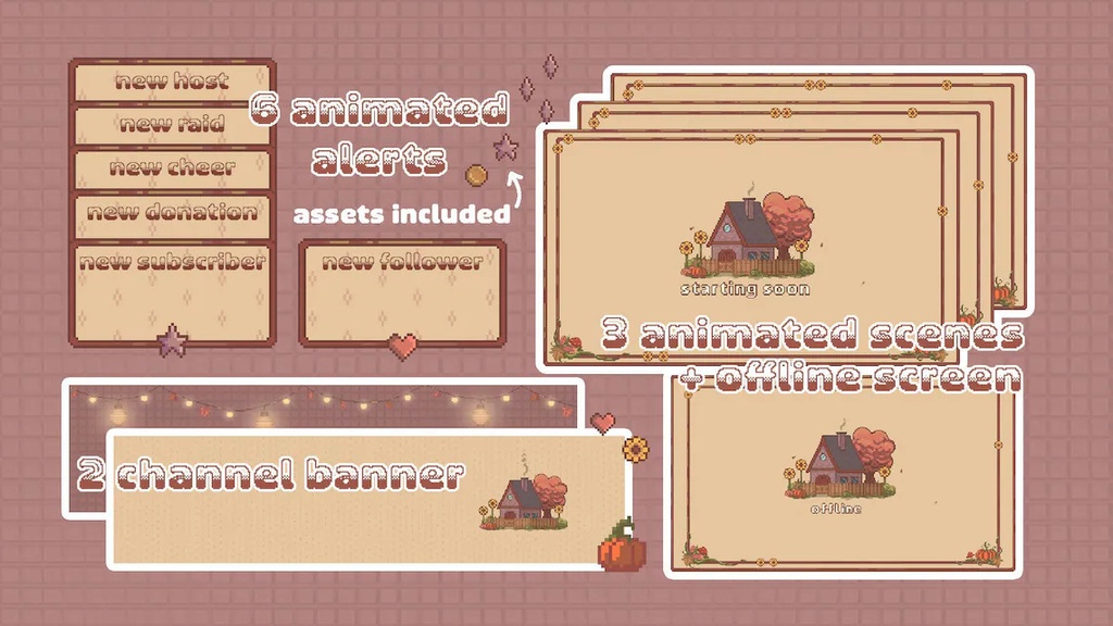 Cottagecore Pixel Stream Overlay | Twitch Panels | Twitch Layout | Stream Layout | Autumn Cute Cozy | コテージコア ストリーム オーバーレイ |ツイッチパネル |トゥイッチのレイアウト | ストリームのレイアウト | 秋のかわいい居心地の良い |