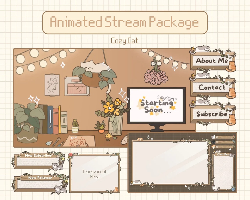 Cozy Cat Stream Overlay Package | Stream Panels | Stream Backgrounds Assets | Twitch & YouTube | Static & Animated | コージー キャット ストリーム オーバーレイ パッケージ |ストリームパネル | ストリームの背景 | 静的およびアニメーション |