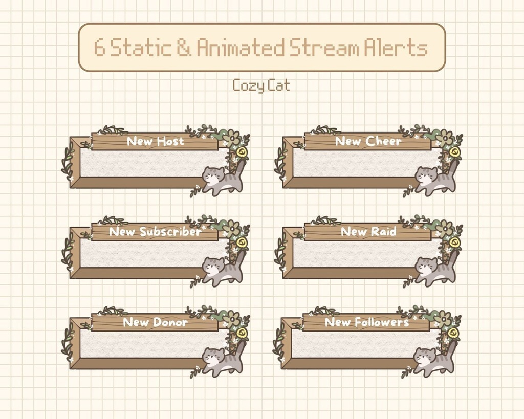Cozy Cat Twitch Alerts | Animated & Static | Customizable | Cozy Cat Twitch アラート | アニメーションと静的 | カスタマイズ可能 |