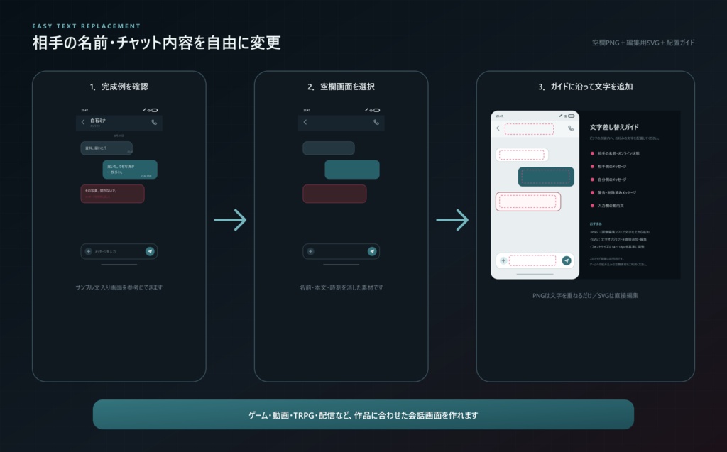 【ゲーム・動画素材】架空スマホ&チャットUIセット|名前・本文差し替え対応/PNG・SVG全95種類