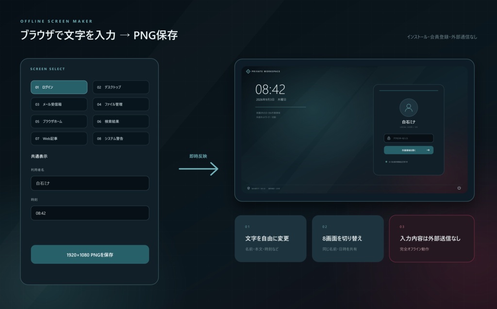 【ゲーム・動画素材】完全架空PC画面メーカー「VOID DESKTOP」|文字差し替え・PNG保存/全8画面・PNG・SVG
