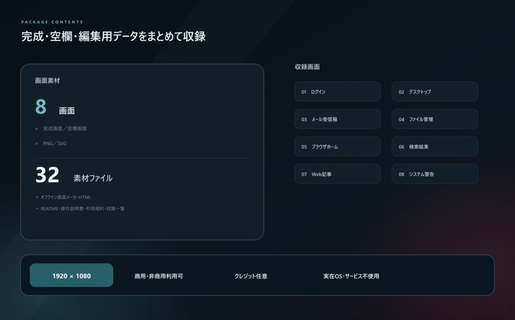 【ゲーム・動画素材】完全架空PC画面メーカー「VOID DESKTOP」|文字差し替え・PNG保存/全8画面・PNG・SVG
