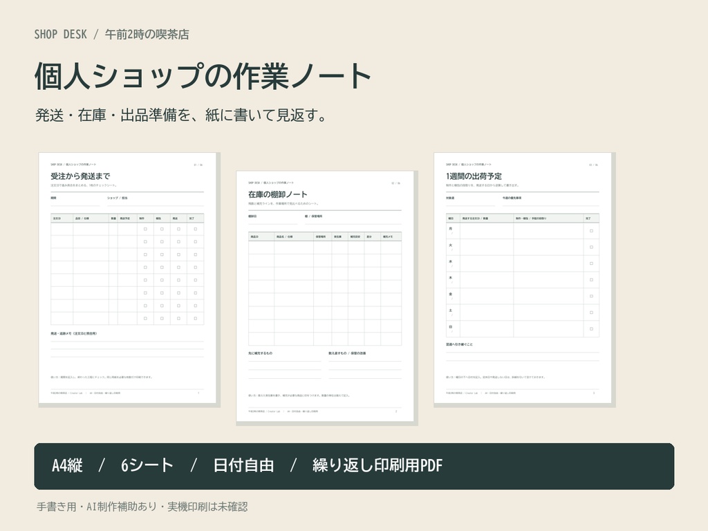 個人ショップの作業ノート｜発送・在庫・出品準備 A4 PDF6書式