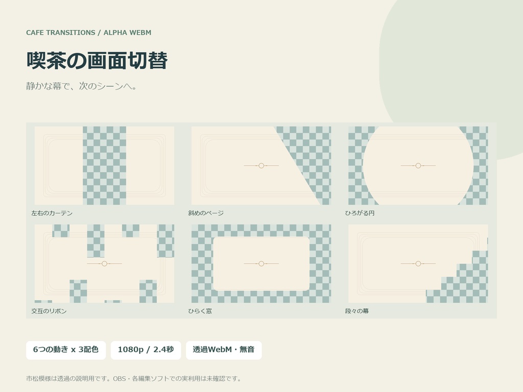 喫茶の画面切替｜透過WebM18本・6つの動き・3配色