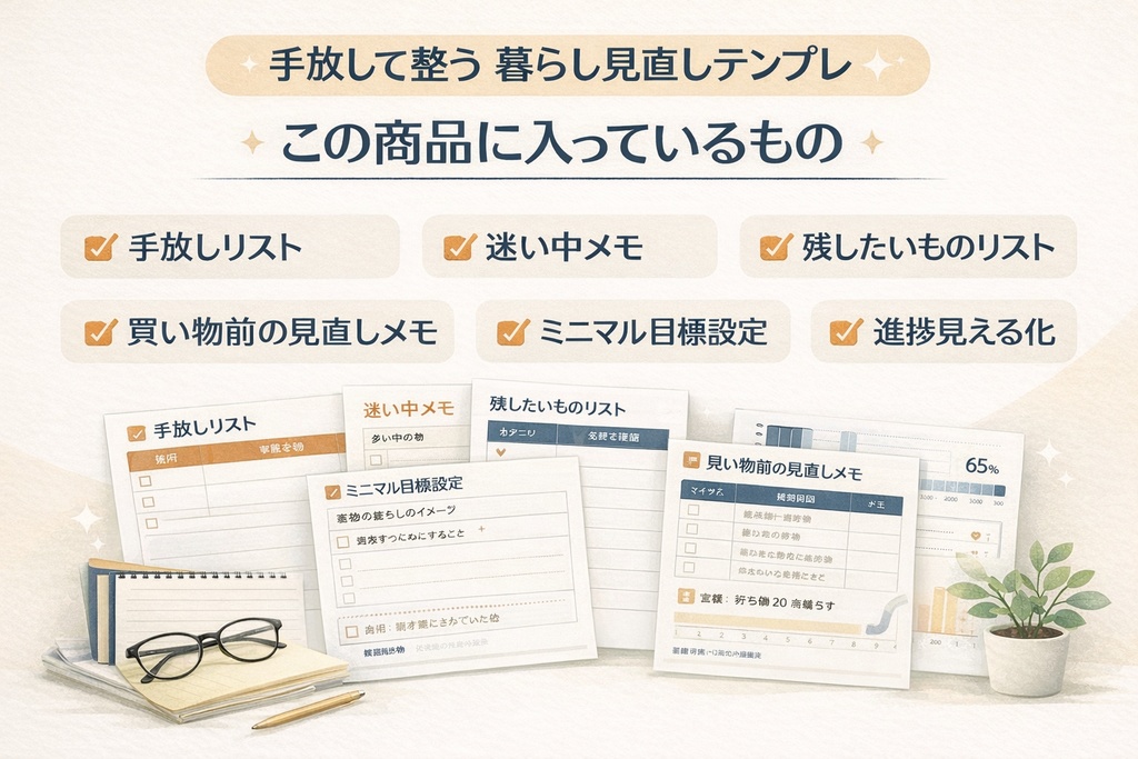 手放して整う 暮らし見直しテンプレ|断捨離から始めるすっきり暮らし管理シート