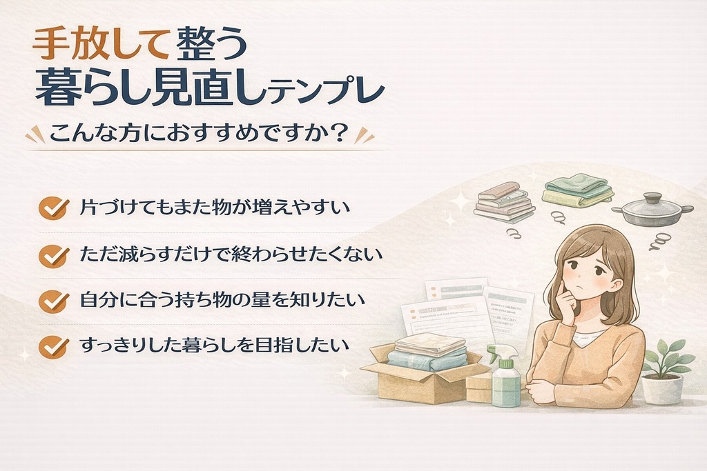 手放して整う 暮らし見直しテンプレ｜断捨離から始めるすっきり暮らし管理シート