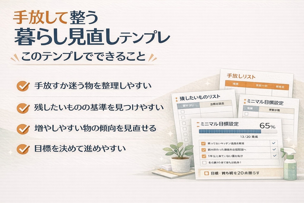 手放して整う 暮らし見直しテンプレ|断捨離から始めるすっきり暮らし管理シート