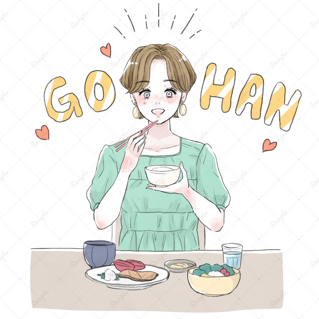 【イラスト素材】ご飯を食べる女性