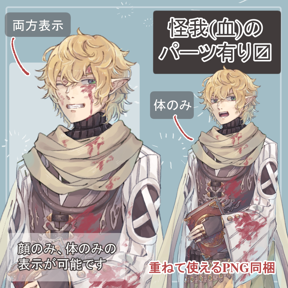 男エルフの戦闘服・私服(被験者)全身立ち絵(魔導書・眼鏡・血(怪我)のオマケパーツ付き) - 薄型カレーテレビ - BOOTH