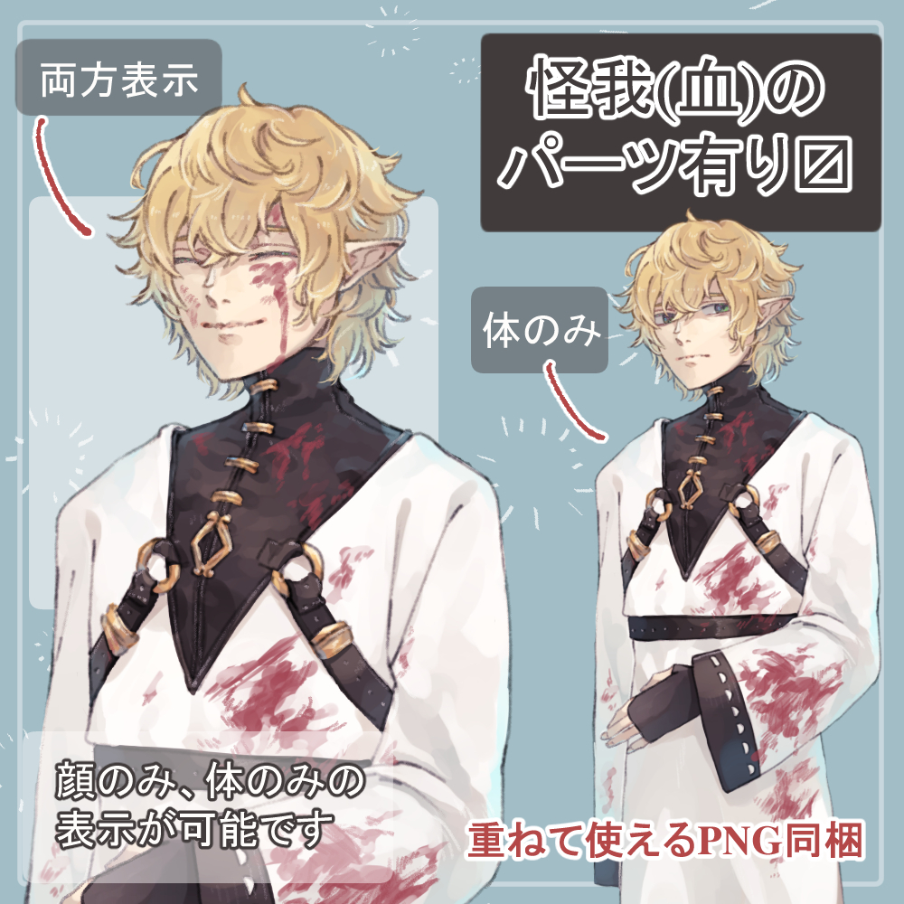 男エルフの戦闘服・私服(被験者)全身立ち絵(魔導書・眼鏡・血(怪我)のオマケパーツ付き) - 薄型カレーテレビ - BOOTH