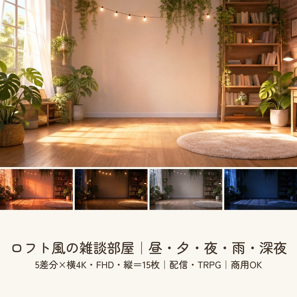 【配信・TRPG背景】ロフト風の雑談部屋｜昼夕夜・雨・深夜の5差分15枚｜横4K・FHD・縦｜VTuber・ココフォリア・商用OK