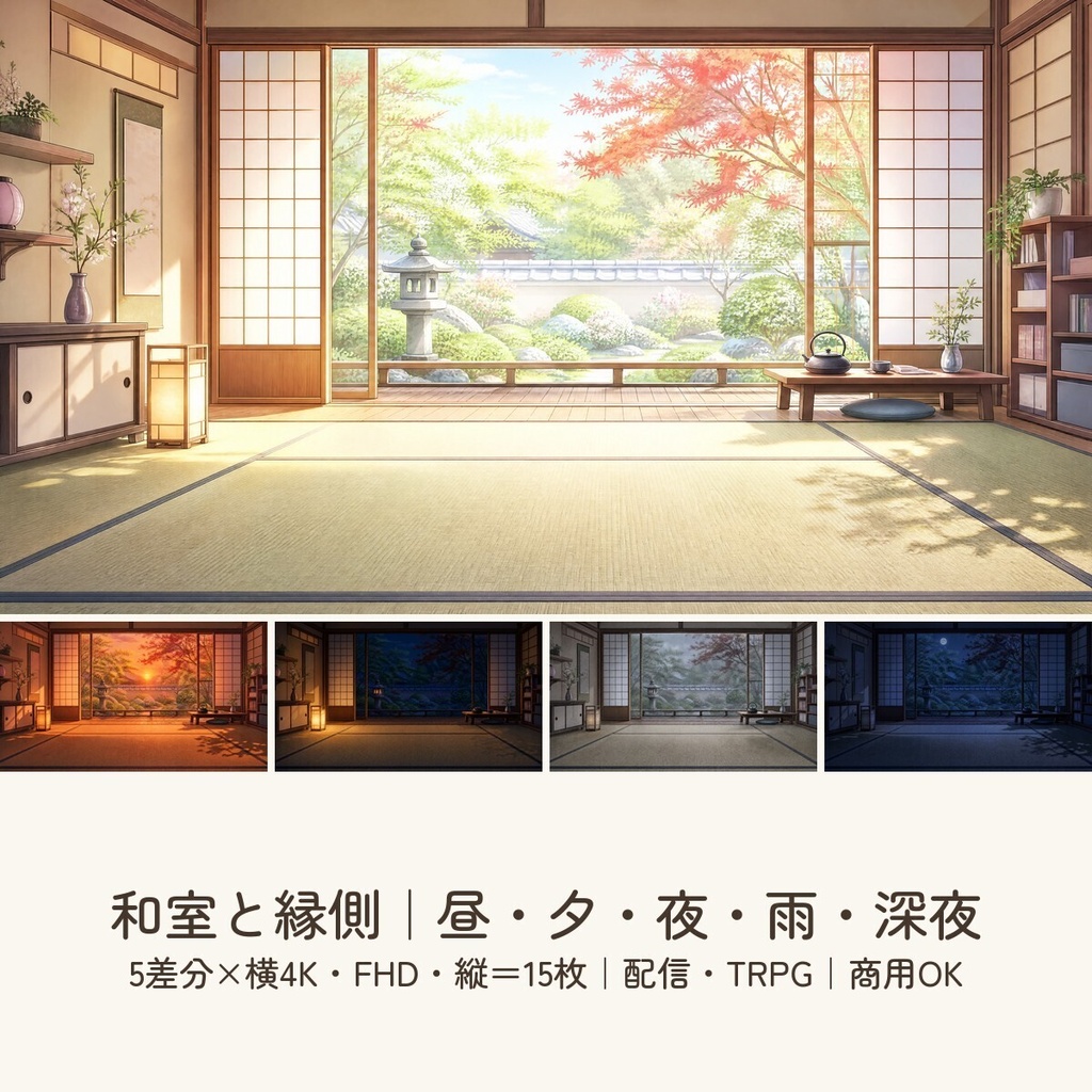 【配信・TRPG背景】和室と縁側｜昼夕夜・雨・深夜の5差分15枚｜横4K・FHD・縦｜VTuber・ココフォリア・商用OK