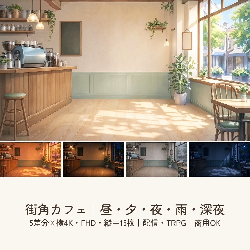 【配信・TRPG背景】街角カフェ｜昼夕夜・雨・深夜の5差分15枚｜横4K・FHD・縦｜VTuber・ココフォリア・商用OK