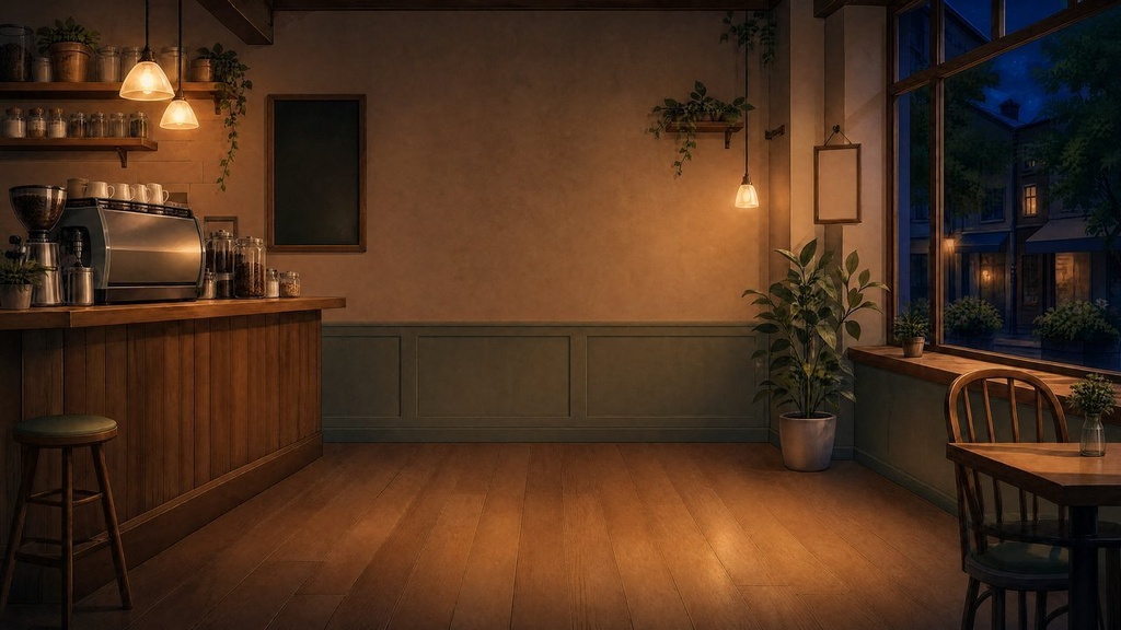【配信・TRPG背景】街角カフェ|昼夕夜・雨・深夜の5差分15枚|横4K・FHD・縦|VTuber・ココフォリア・商用OK