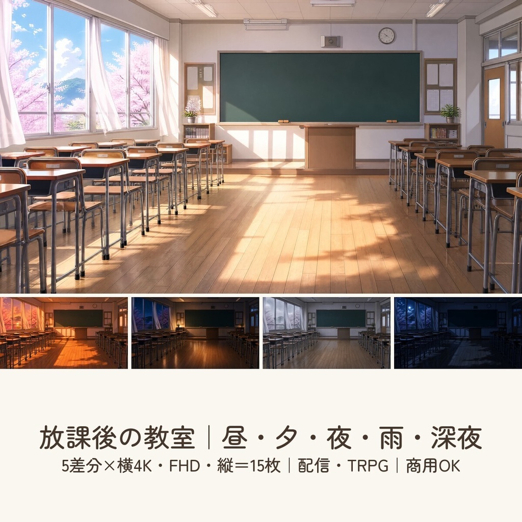 【配信・TRPG背景】放課後の教室｜昼夕夜・雨・深夜の5差分15枚｜横4K・FHD・縦｜VTuber・ココフォリア・商用OK