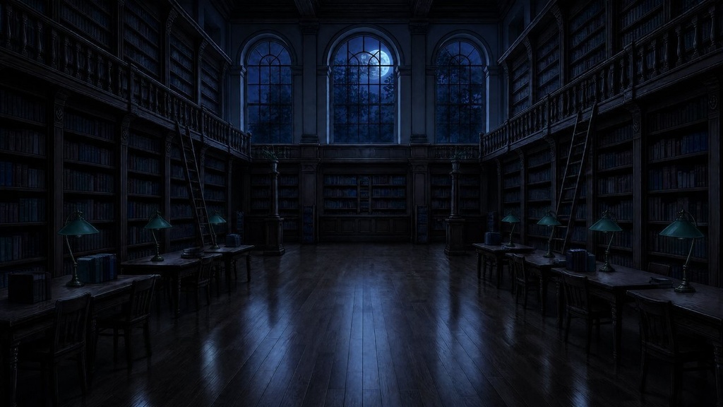 【配信・TRPG背景】古い図書館の大広間|昼夕夜・雨・深夜の5差分15枚|横4K・FHD・縦|VTuber・ココフォリア・商用OK