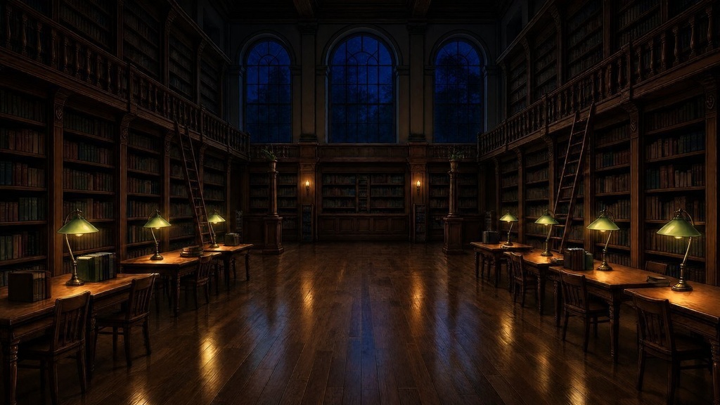 【配信・TRPG背景】古い図書館の大広間|昼夕夜・雨・深夜の5差分15枚|横4K・FHD・縦|VTuber・ココフォリア・商用OK