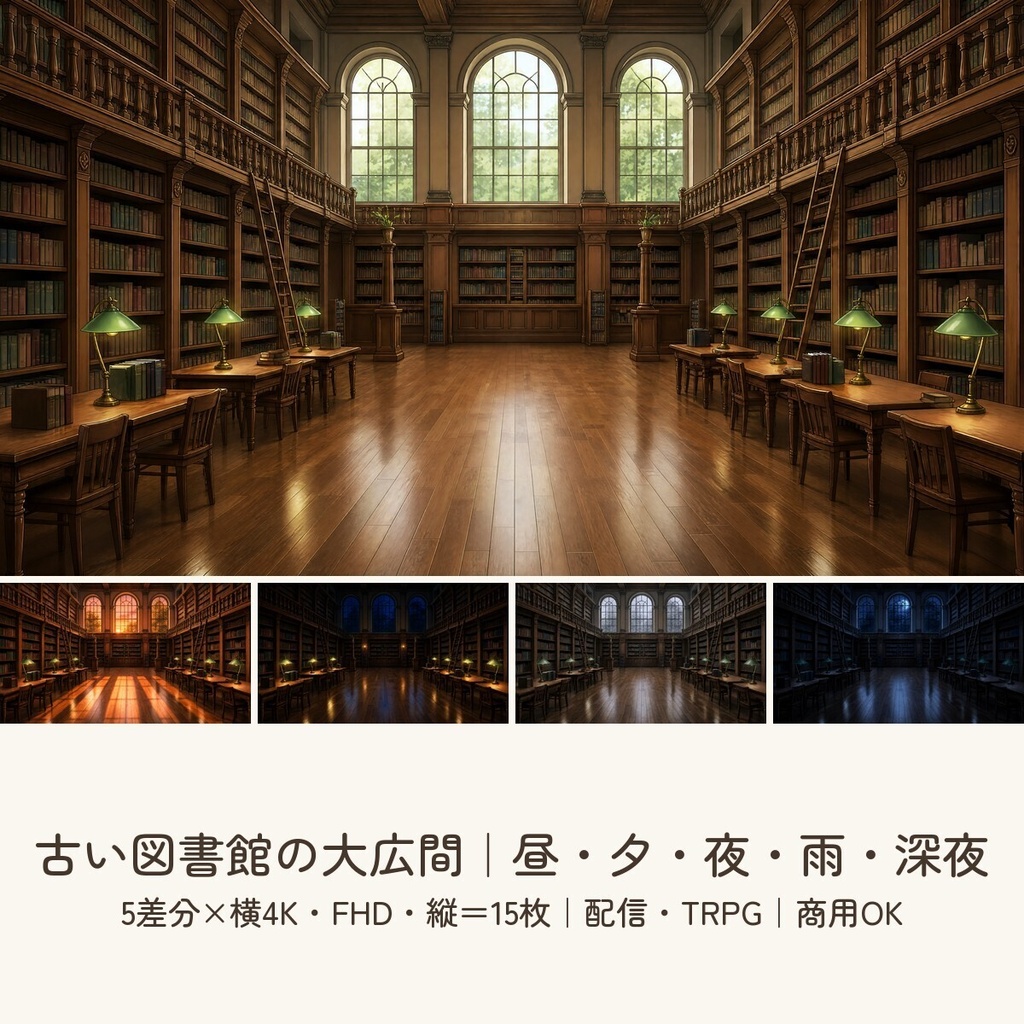 【配信・TRPG背景】古い図書館の大広間｜昼夕夜・雨・深夜の5差分15枚｜横4K・FHD・縦｜VTuber・ココフォリア・商用OK