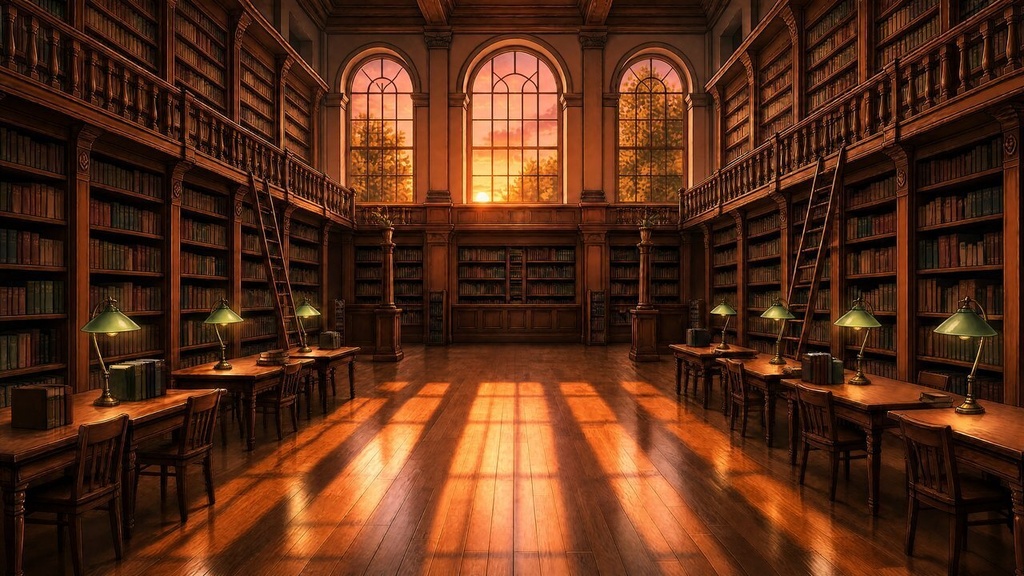 【配信・TRPG背景】古い図書館の大広間|昼夕夜・雨・深夜の5差分15枚|横4K・FHD・縦|VTuber・ココフォリア・商用OK