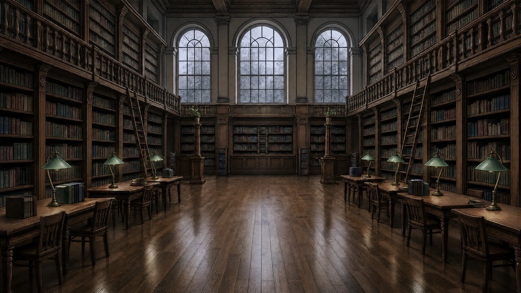 【配信・TRPG背景】古い図書館の大広間|昼夕夜・雨・深夜の5差分15枚|横4K・FHD・縦|VTuber・ココフォリア・商用OK