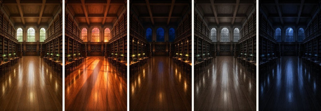 【配信・TRPG背景】古い図書館の大広間|昼夕夜・雨・深夜の5差分15枚|横4K・FHD・縦|VTuber・ココフォリア・商用OK
