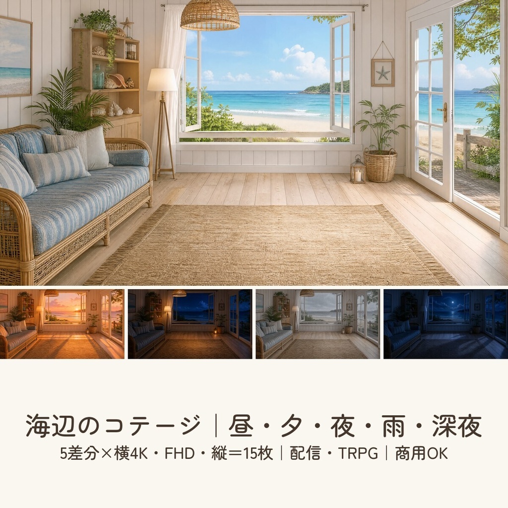 【配信・TRPG背景】海辺のコテージ|昼夕夜・雨・深夜の5差分15枚|横4K・FHD・縦|VTuber・ココフォリア・商用OK
