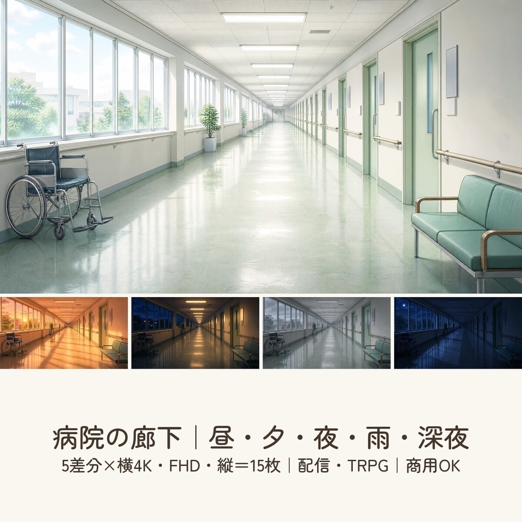【配信・TRPG背景】病院の廊下|昼夕夜・雨・深夜の5差分15枚|横4K・FHD・縦|VTuber・ココフォリア・商用OK