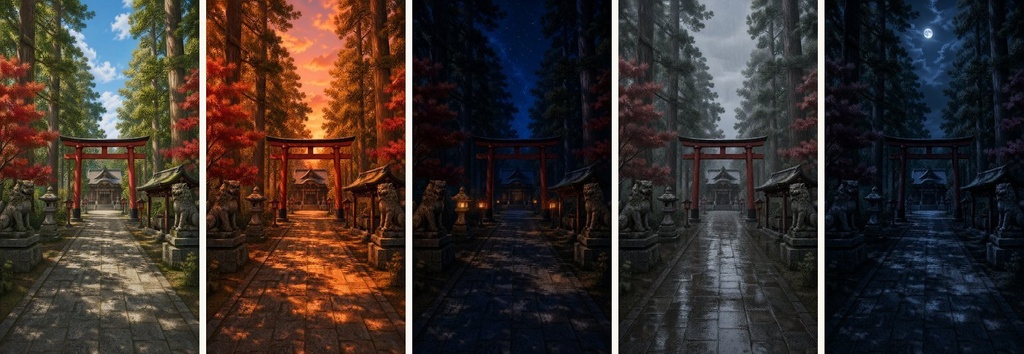 【配信・TRPG背景】神社の境内|昼夕夜・雨・深夜の5差分15枚|横4K・FHD・縦|VTuber・ココフォリア・商用OK
