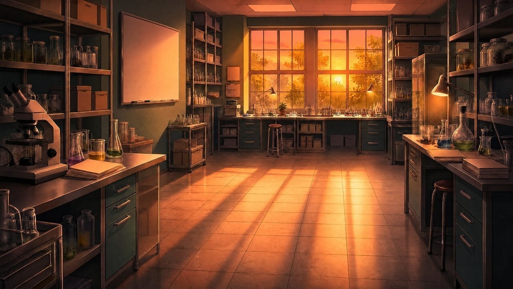 【配信・TRPG背景】理科の研究室|昼夕夜・雨・深夜の5差分15枚|横4K・FHD・縦|VTuber・ココフォリア・商用OK