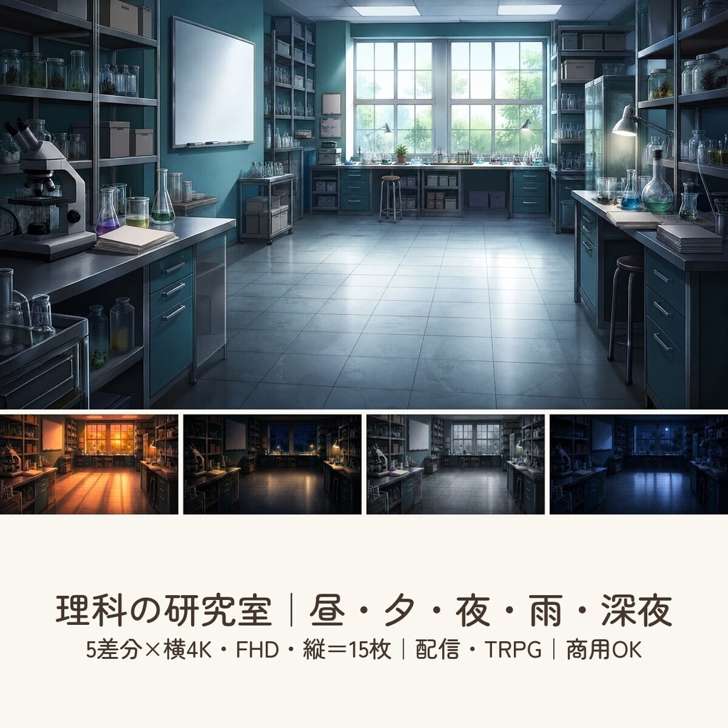 【配信・TRPG背景】理科の研究室|昼夕夜・雨・深夜の5差分15枚|横4K・FHD・縦|VTuber・ココフォリア・商用OK