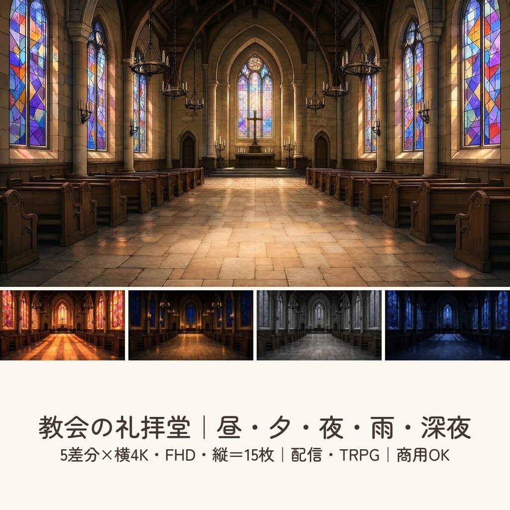 【配信・TRPG背景】教会の礼拝堂｜昼夕夜・雨・深夜の5差分15枚｜横4K・FHD・縦｜VTuber・ココフォリア・商用OK