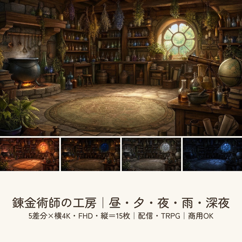 【配信・TRPG背景】錬金術師の工房｜昼夕夜・雨・深夜の5差分15枚｜横4K・FHD・縦｜VTuber・ココフォリア・商用OK