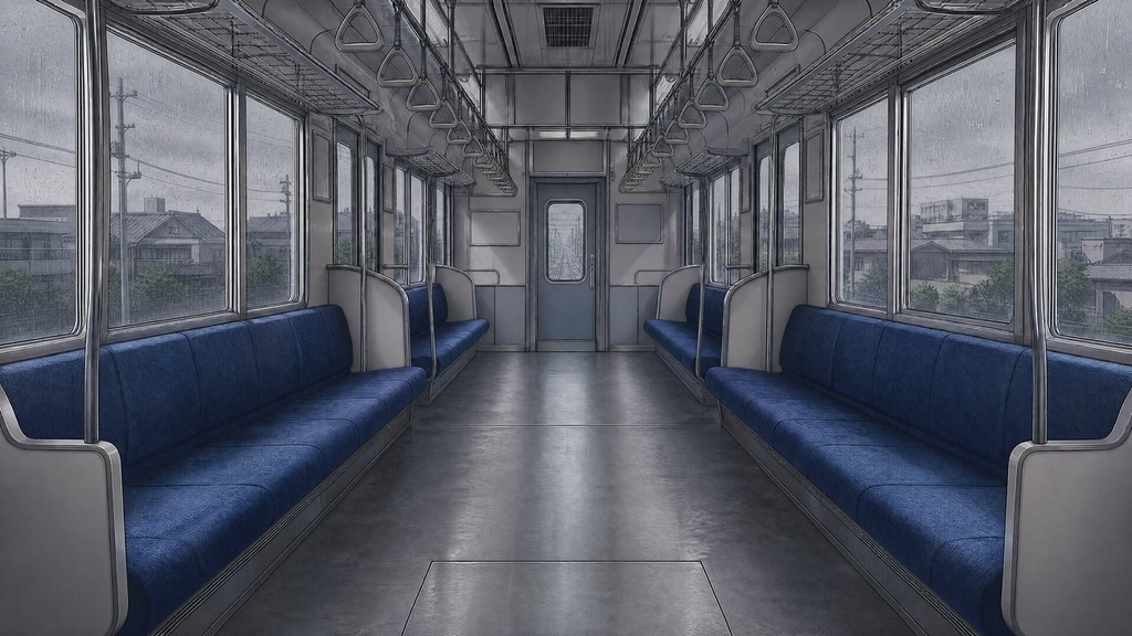 【配信・TRPG背景】電車の車内|昼夕夜・雨・深夜の5差分15枚|横4K・FHD・縦|VTuber・ココフォリア・商用OK